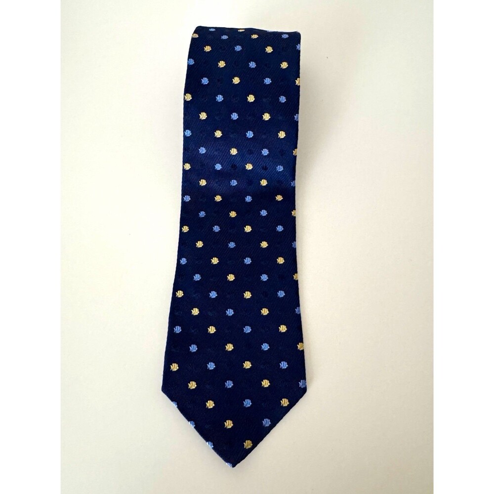 Tommy Hilfiger 100% Silk Jacquard Tie Navy Fish Novelty Vintage 90s Made in USA